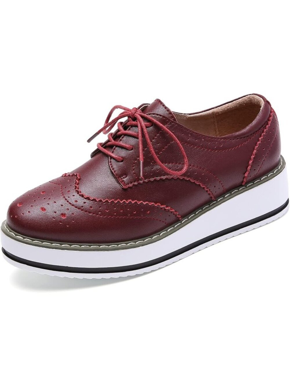 Women's Red Round Toe Lace Up Leather Oxford Shoes Wingtip White Platform